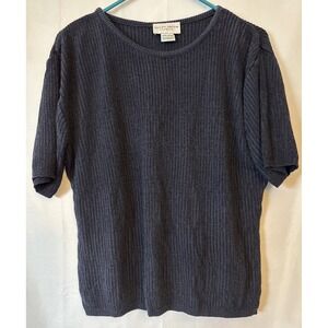 Jacalyn Smith Dark Blue Textured Striped Short Sleeve Sweater Blouse Size Large
